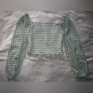 Green plaid balloon sleeve shirt